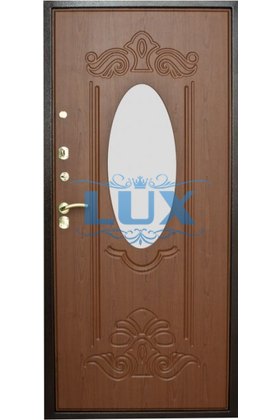металлическая дверь с овальным зеркалом внутри отделана фрезерным мдф